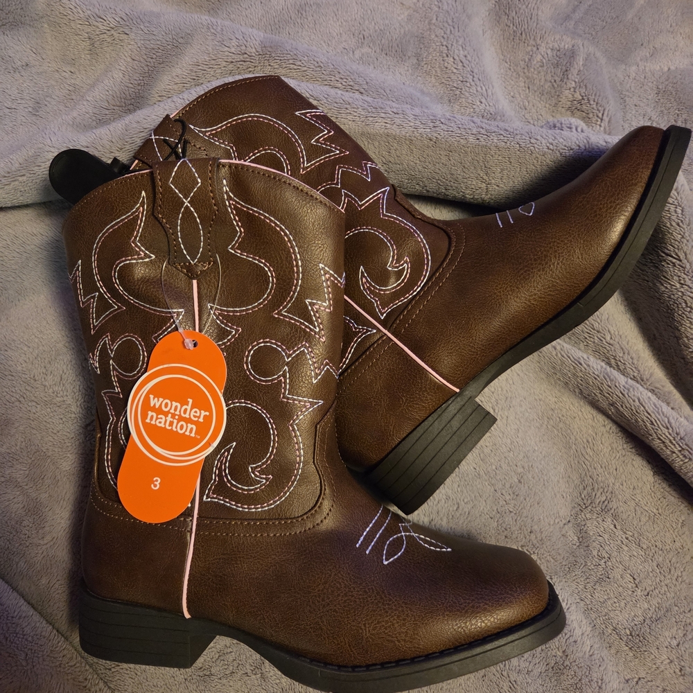 wonder nation Brown Western Boots with Pink Stitching